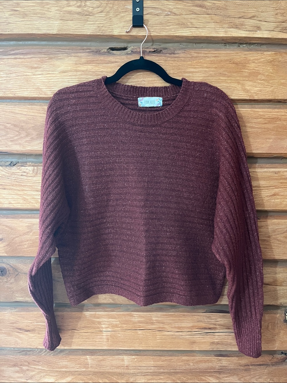 Pink Rose Ribbed Crewneck Sweater - Burgundy Wine